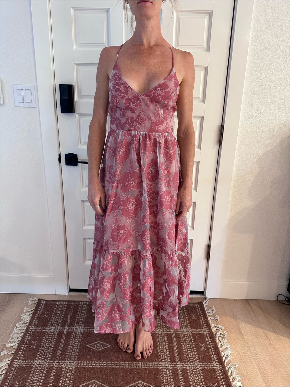 Lulu's Pink Floral Tiered Spaghetti-Strap Maxi Dress